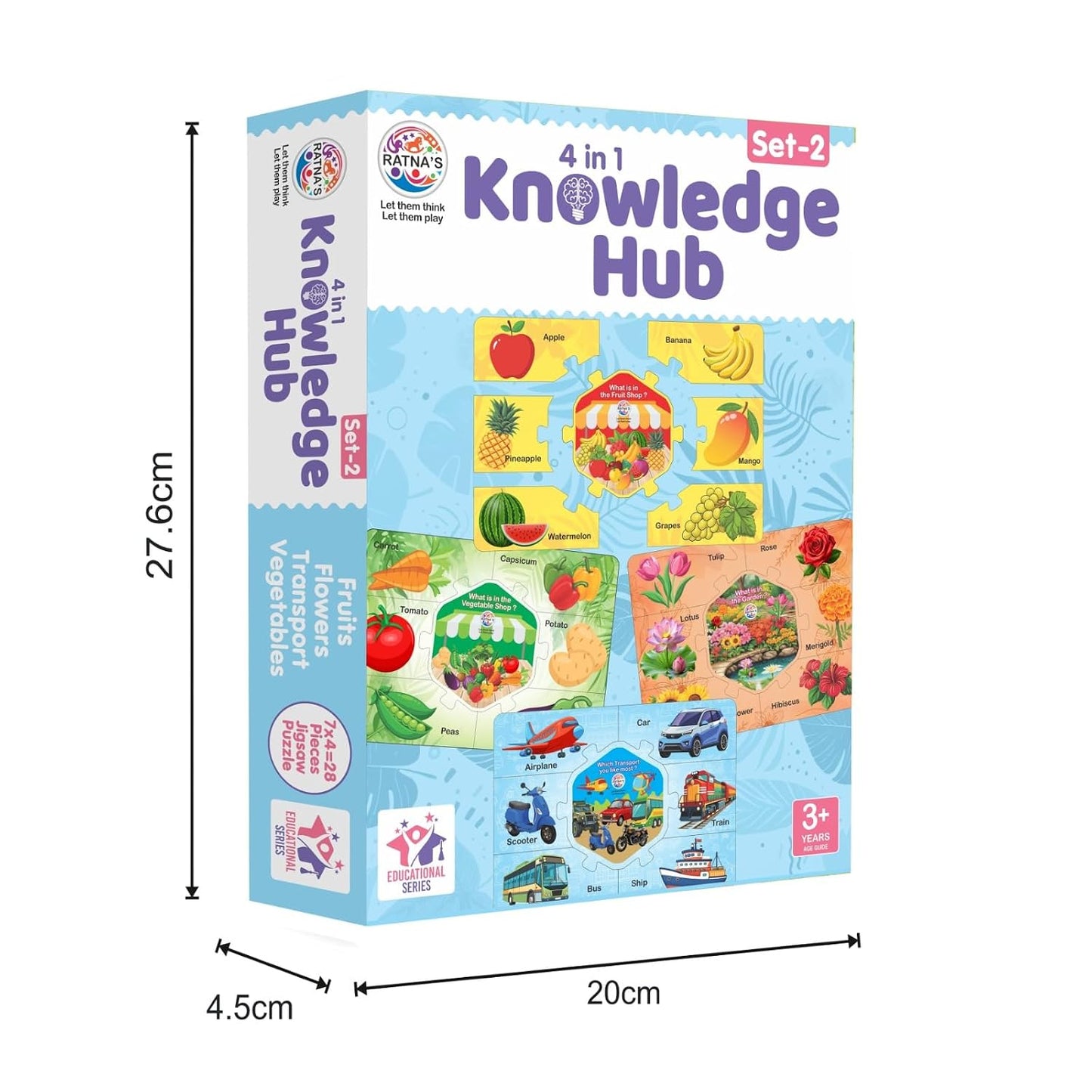 ratna's knowledge hub level 2, 4 jigsaw puzzle featuring fruits, vegetable, transport & flowers, educational toys for kids 3+ years