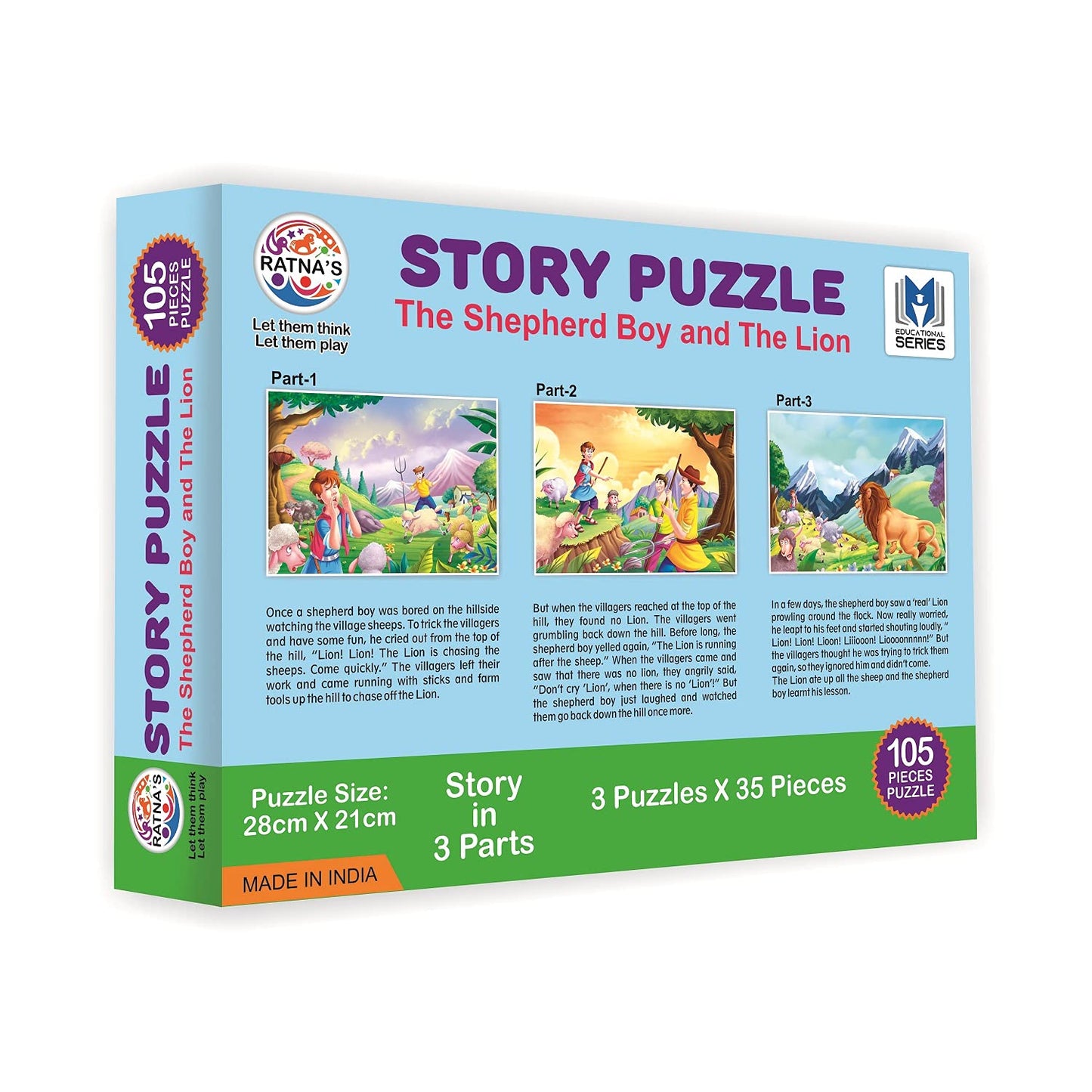 ratna's story jigsaw puzzle the shephard boy and the lion for kids. this pack includes 3 jigsaw puzzle and a story book inside