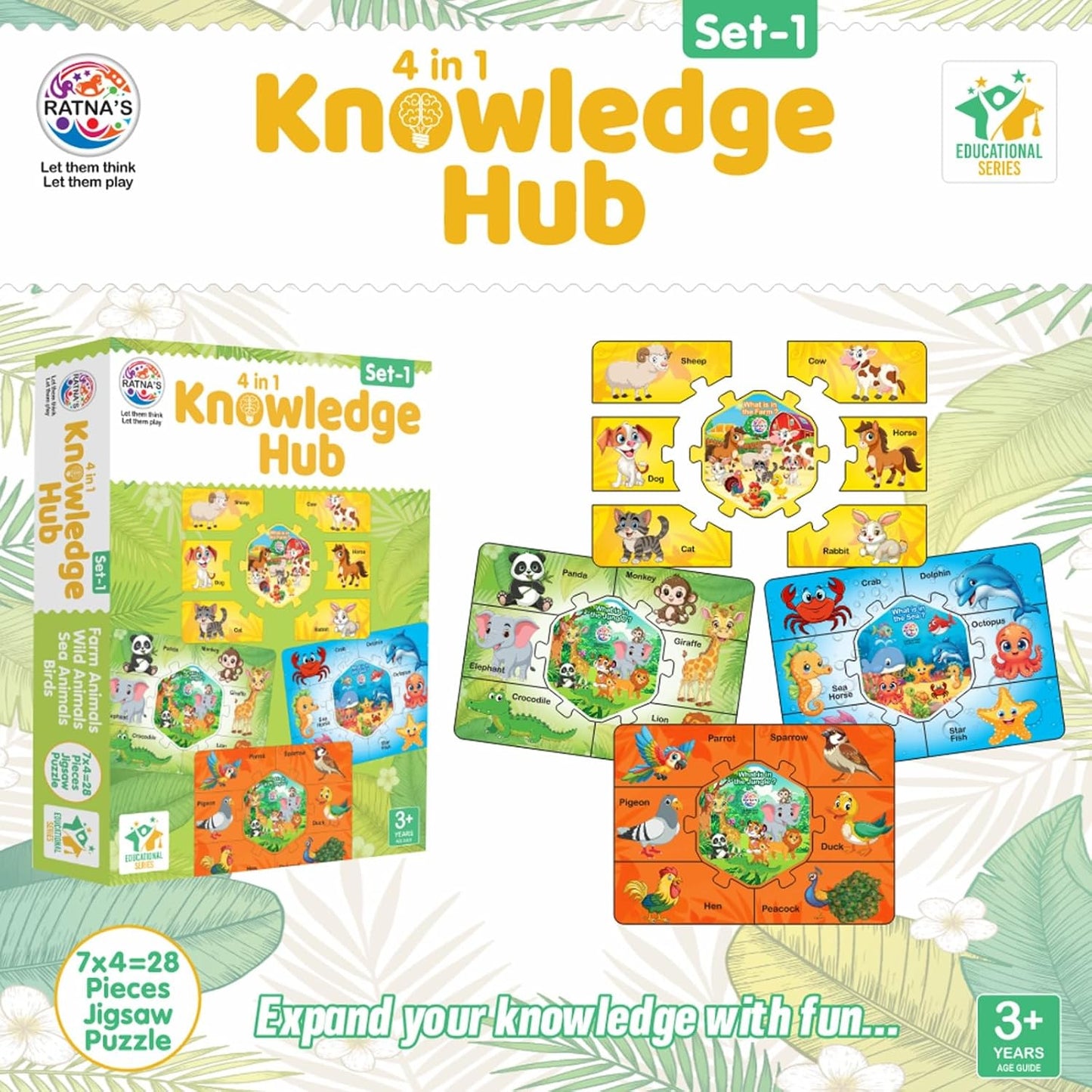 ratna's knowledge hub level 1, 4 jigsaw puzzle featuring birds, farm, wild & sea animals, educational toys for kids 3+ years
