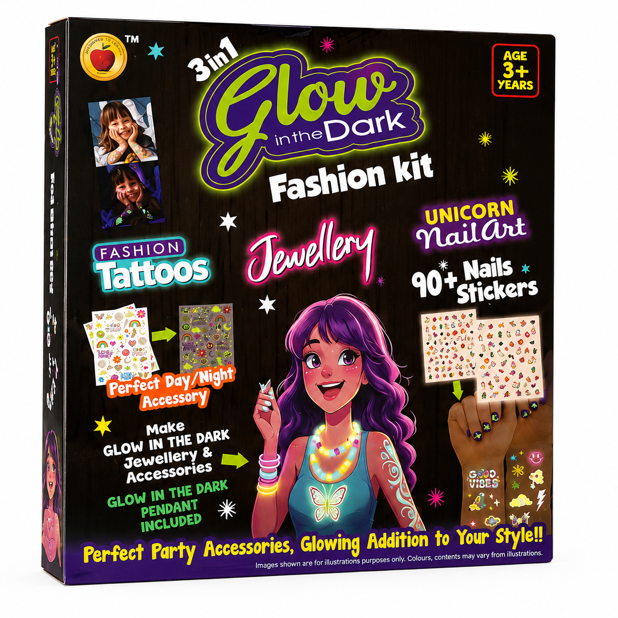 glow in the dark 3-in-1 fashion kit – unicorn nail art, jwellery & fashion tattoos