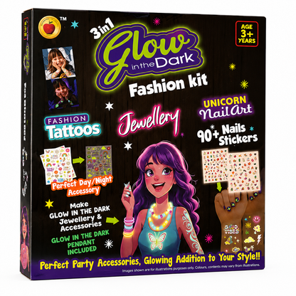 Glow in the Dark 3-in-1 Fashion Kit – Unicorn Nail Art, Jwellery & Fashion Tattoos