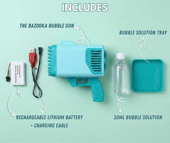 72 holes bazooka bubble gun for kids with led lights |rechargeable battery included, bubble solution & tray set, automatic bubble blaster | age 3+ for girls and boys