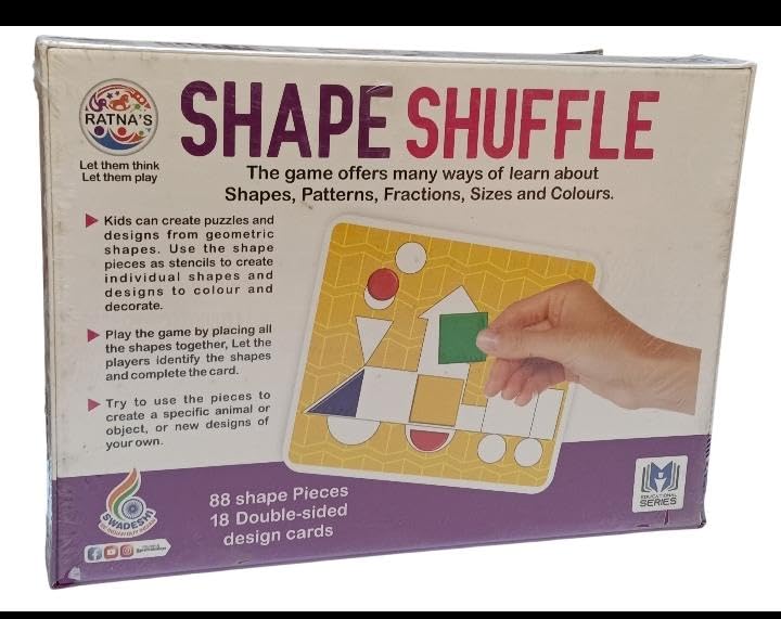 ratna’s shape shuffle – educational stem learning toy for kids (age 3+) | 88 vibrant shape pieces & 18 double-sided design cards | teaches shapes, patterns, fractions, sizes, and colors