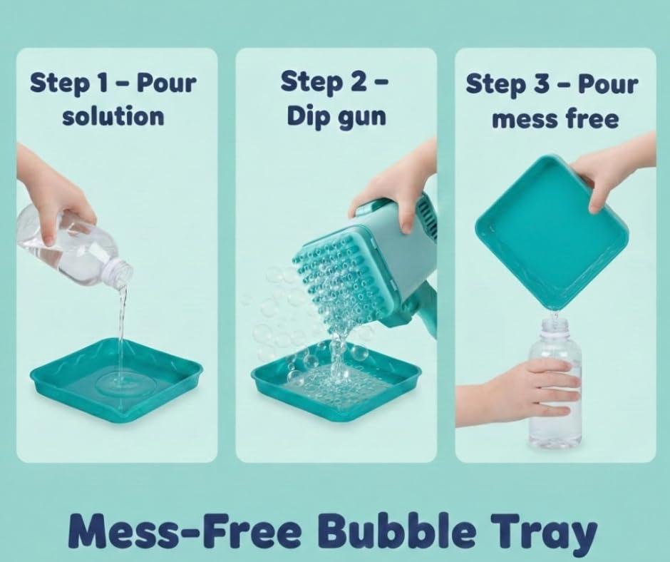 72 holes bazooka bubble gun for kids with led lights |rechargeable battery included, bubble solution & tray set, automatic bubble blaster | age 3+ for girls and boys