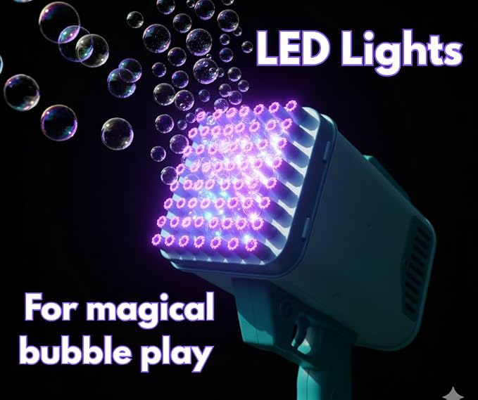 72 holes bazooka bubble gun for kids with led lights |rechargeable battery included, bubble solution & tray set, automatic bubble blaster | age 3+ for girls and boys