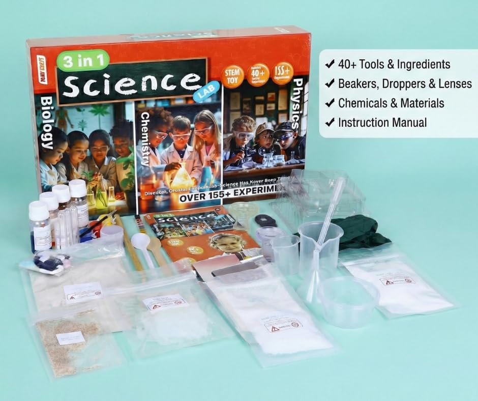 lay craft (eksploe) 3-in-1 science kit for kids (8+) | 155+ experiments | stem learning toy | biology, chemistry & physics lab set | diy educational science kit with 40 + tools & materials