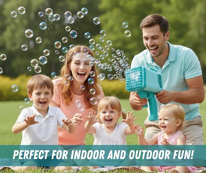 72 holes bazooka bubble gun for kids with led lights |rechargeable battery included, bubble solution & tray set, automatic bubble blaster | age 3+ for girls and boys