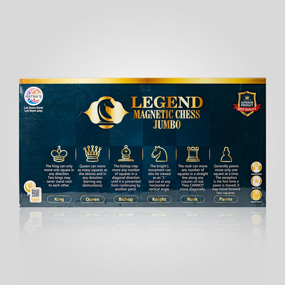 ratna's legend magnetic chess jumbo size foldable magnetic chess board set with magnetic pieces having storage case for each piece, board games for kids and adults (16.5x16.5 inches)