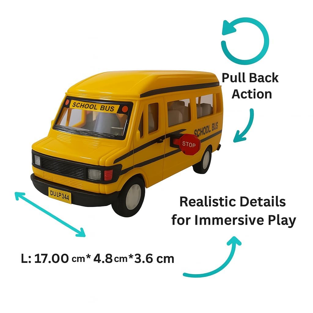 yellow school bus toy for kids | pull back mini bus with opening doors | friction powered plastic vehicle | realistic school bus model toy for boys & girls age 3+