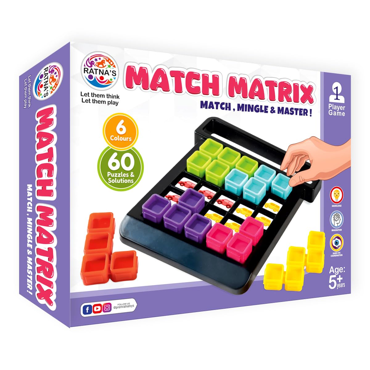 ratna's match matrix single player logic puzzle game with 60 progressive challenges, 6 colorful pieces, challenge booklet, mind games for kids ages 5+ years