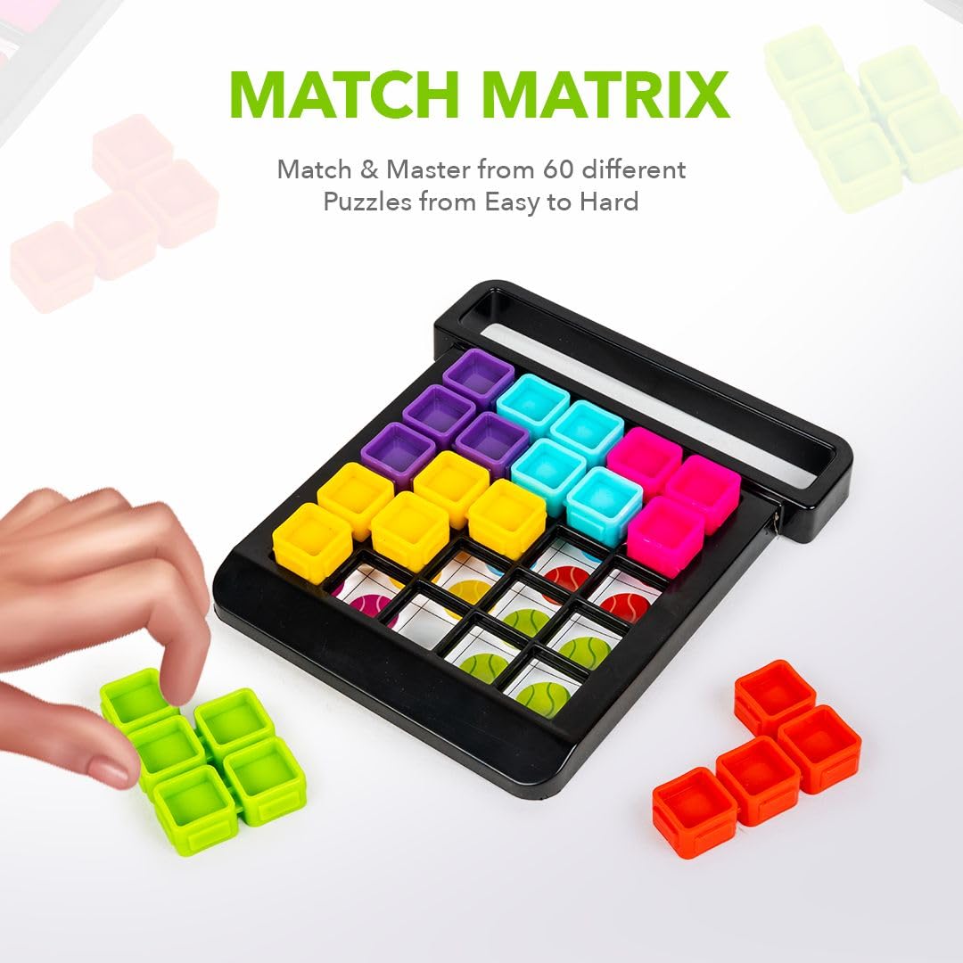 ratna's match matrix single player logic puzzle game with 60 progressive challenges, 6 colorful pieces, challenge booklet, mind games for kids ages 5+ years