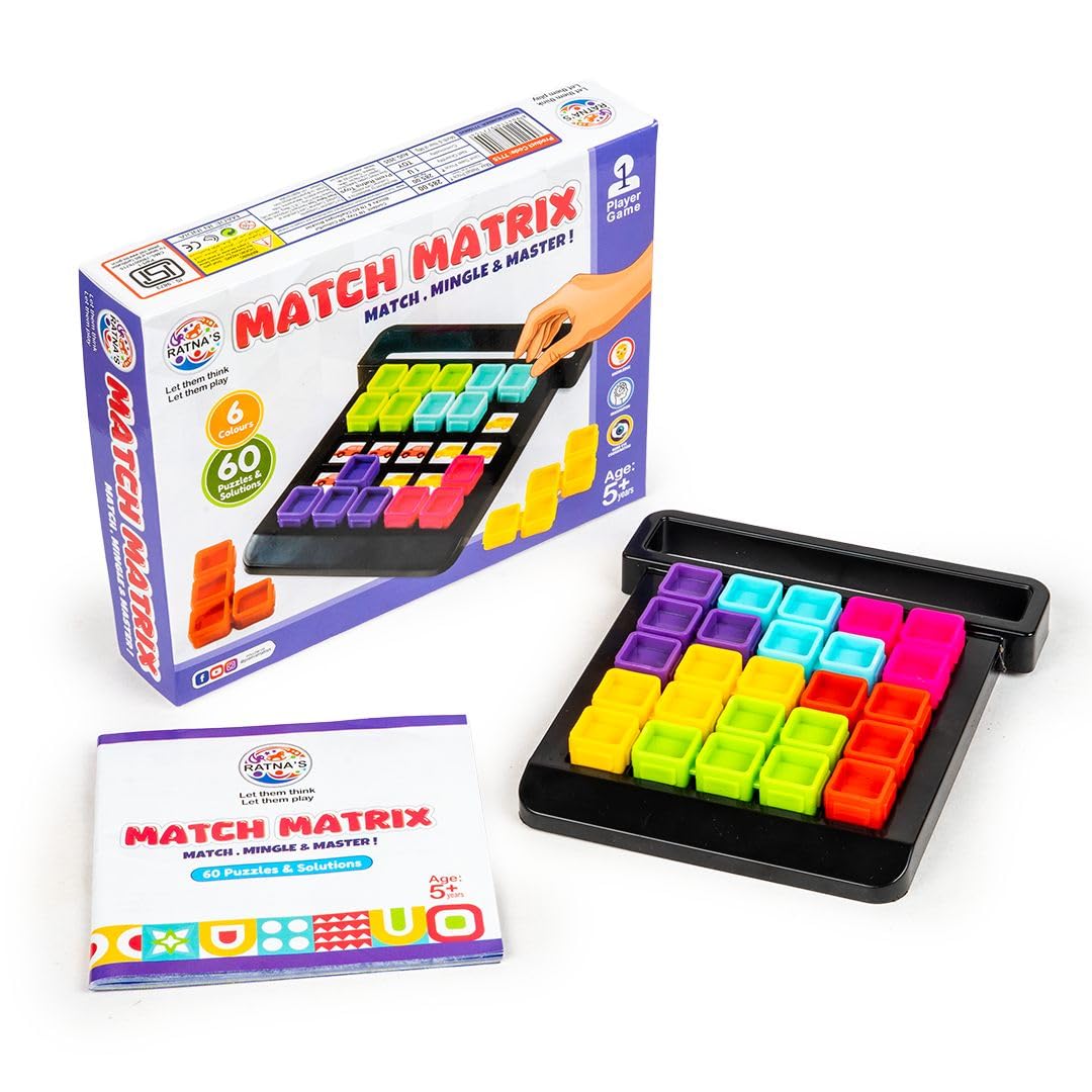 ratna's match matrix single player logic puzzle game with 60 progressive challenges, 6 colorful pieces, challenge booklet, mind games for kids ages 5+ years