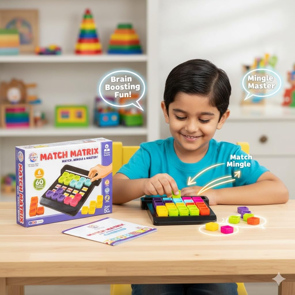 ratna's match matrix single player logic puzzle game with 60 progressive challenges, 6 colorful pieces, challenge booklet, mind games for kids ages 5+ years