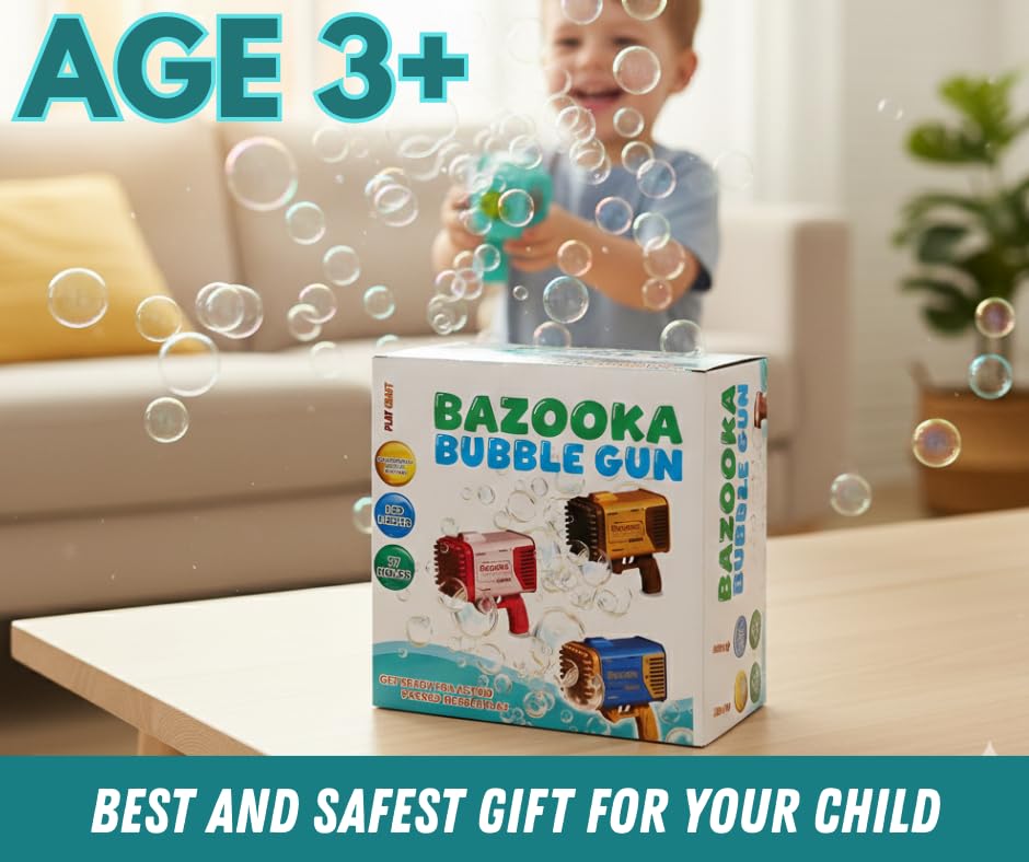 72 holes bazooka bubble gun for kids with led lights |rechargeable battery included, bubble solution & tray set, automatic bubble blaster | age 3+ for girls and boys