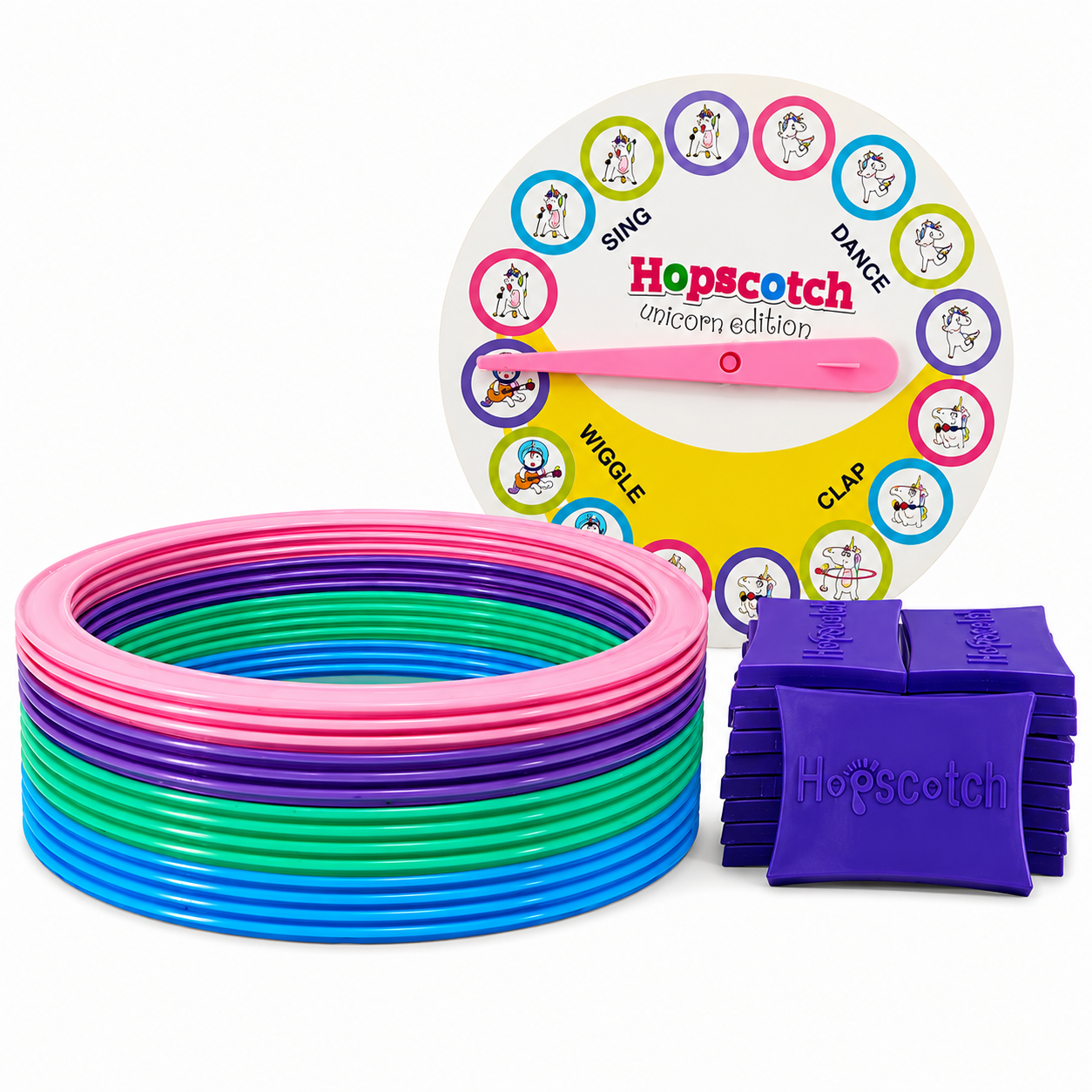 unicorn edition hopscotch ring game set (13 rings, 16 connectors & spinner) | great for indoor/outdoor play for kids | 3+years