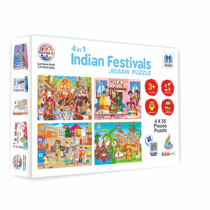 Ratna's 4 in 1 Indian Festivals Jigsaw Puzzle for Kids | 4 Jigsaw Puzzles with 35 Pieces Each for Festivals Like Ganesh Chaturthi, Raksha Bandhan, Holi & Onam Puzzle for Kids 3+ Years