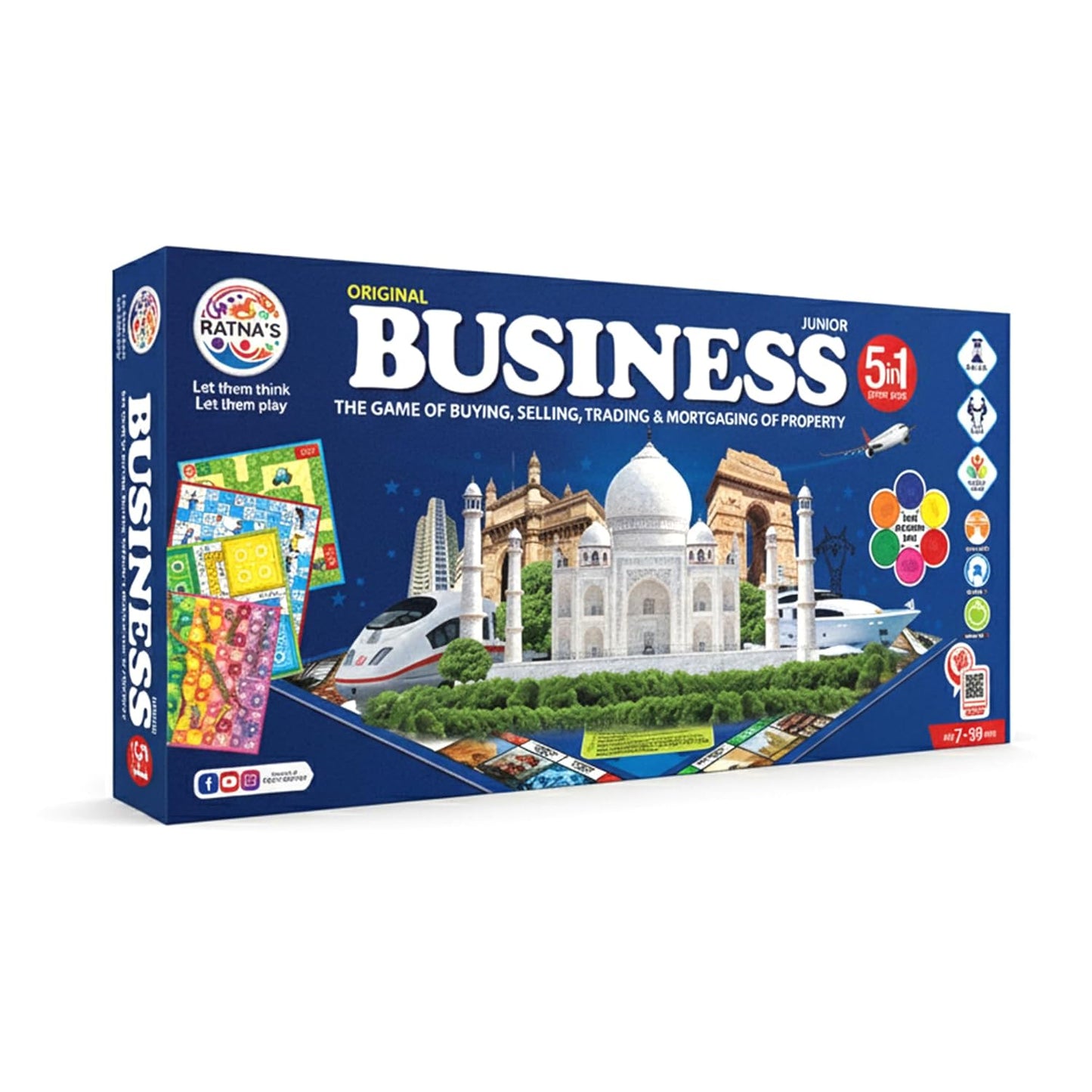 ratna's business junior coins 5 in 1 board game set of business, snake and ladders, ludo, car rally, and cricket games, 2-4 players, perfect for kids & adults play