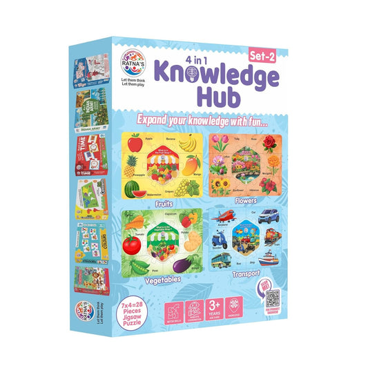 Ratna's Knowledge Hub Level 2, 4 Jigsaw Puzzle Featuring Fruits, Vegetable, Transport & Flowers, Educational Toys for Kids 3+ Years