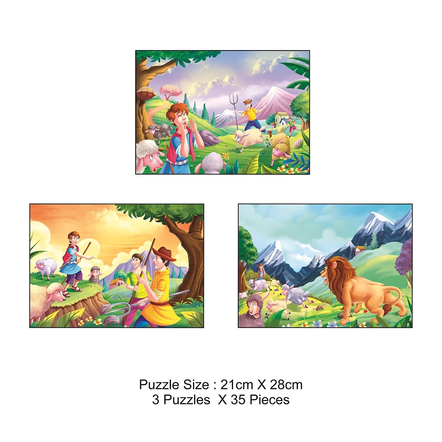 ratna's story jigsaw puzzle the shephard boy and the lion for kids. this pack includes 3 jigsaw puzzle and a story book inside