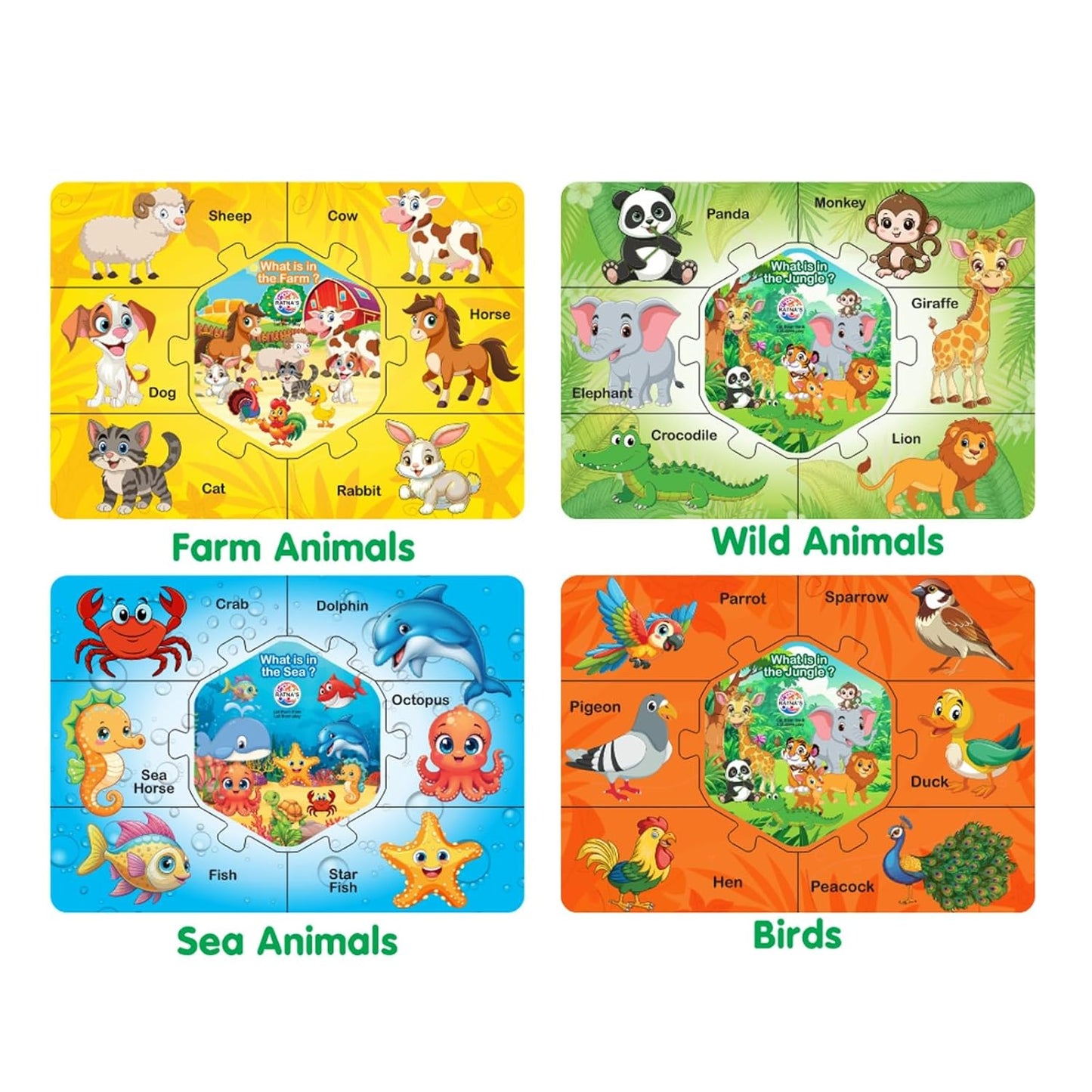 ratna's knowledge hub level 1, 4 jigsaw puzzle featuring birds, farm, wild & sea animals, educational toys for kids 3+ years