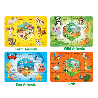 Ratna's Knowledge Hub Level 1, 4 Jigsaw Puzzle Featuring Birds, Farm, Wild & Sea Animals, Educational Toys for Kids 3+ Years