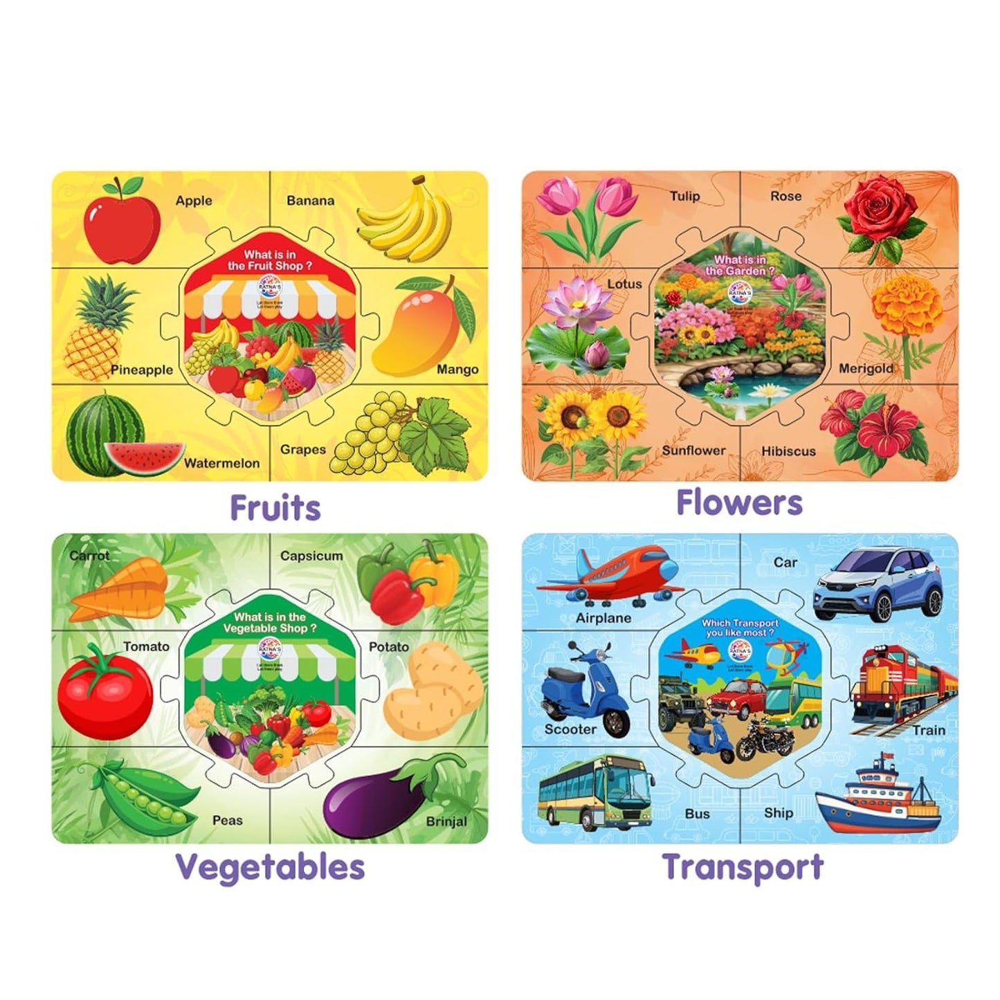 ratna's knowledge hub level 2, 4 jigsaw puzzle featuring fruits, vegetable, transport & flowers, educational toys for kids 3+ years