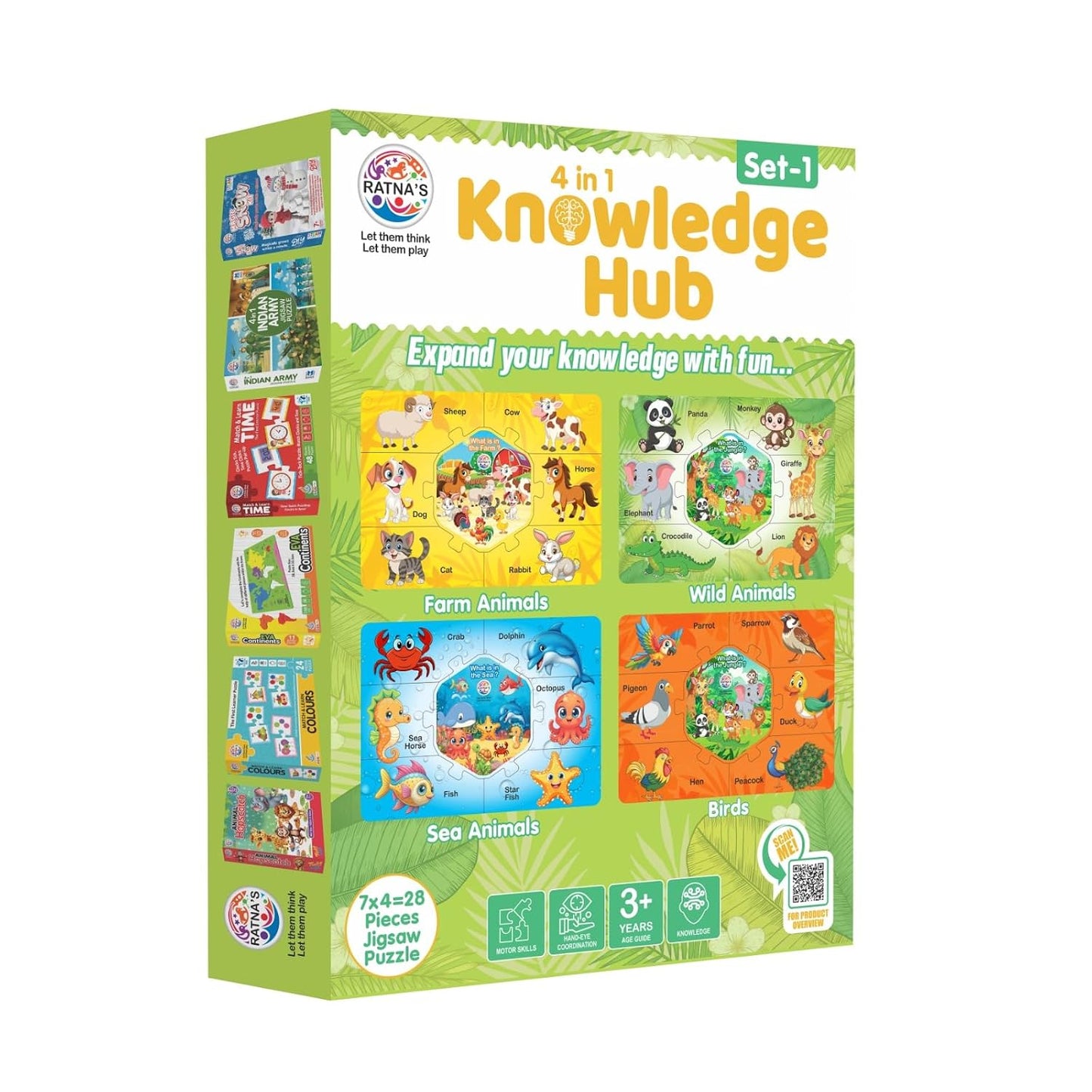 ratna's knowledge hub level 1, 4 jigsaw puzzle featuring birds, farm, wild & sea animals, educational toys for kids 3+ years