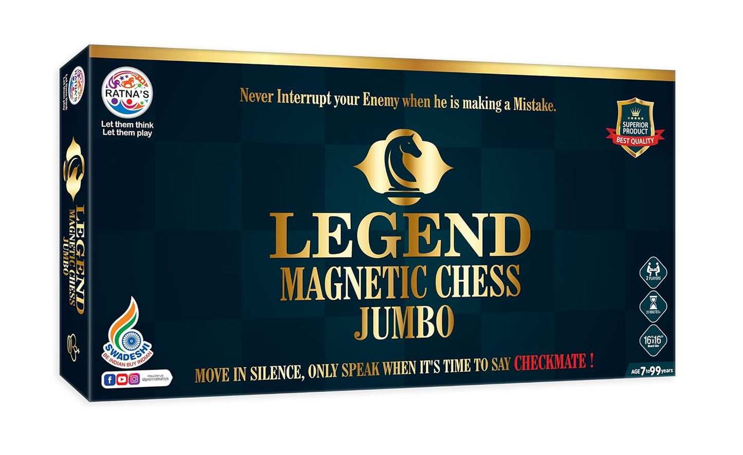 ratna's legend magnetic chess jumbo size foldable magnetic chess board set with magnetic pieces having storage case for each piece, board games for kids and adults (16.5x16.5 inches)