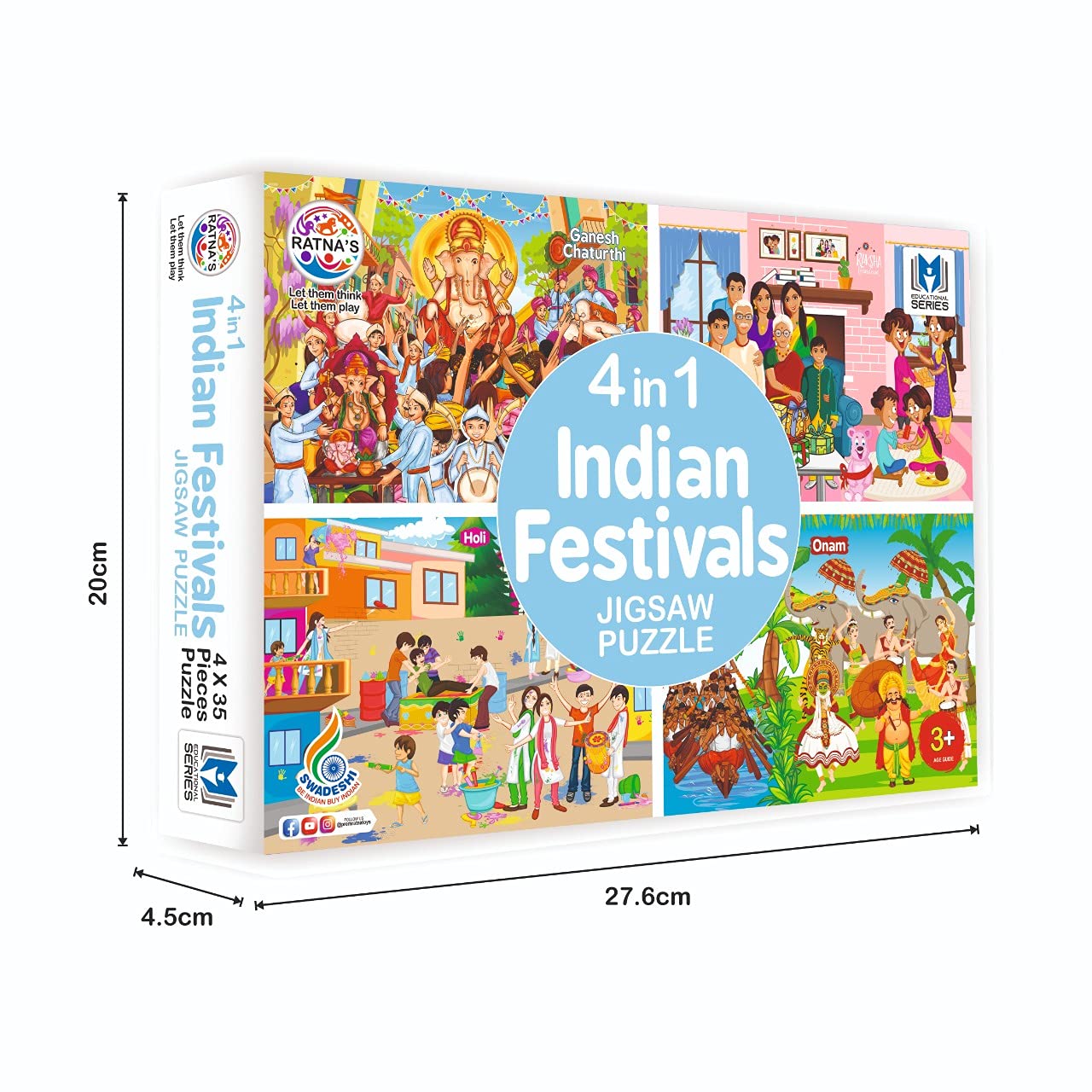 ratna's 4 in 1 indian festivals jigsaw puzzle for kids | 4 jigsaw puzzles with 35 pieces each for festivals like ganesh chaturthi, raksha bandhan, holi & onam puzzle for kids 3+ years