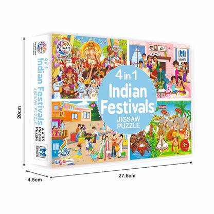 Ratna's 4 in 1 Indian Festivals Jigsaw Puzzle for Kids | 4 Jigsaw Puzzles with 35 Pieces Each for Festivals Like Ganesh Chaturthi, Raksha Bandhan, Holi & Onam Puzzle for Kids 3+ Years
