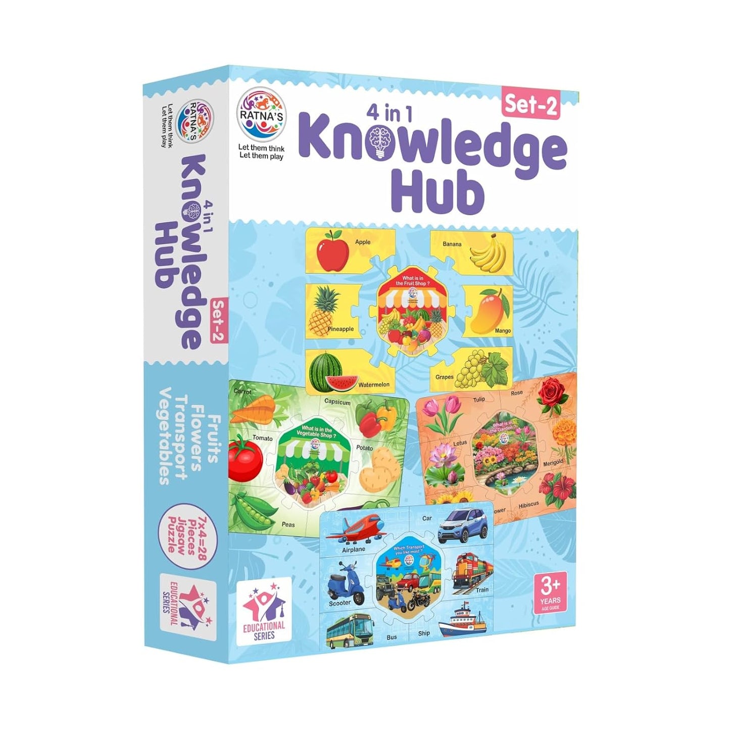 ratna's knowledge hub level 2, 4 jigsaw puzzle featuring fruits, vegetable, transport & flowers, educational toys for kids 3+ years