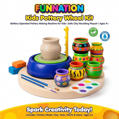 FUN NATION Pottery Making Kit for Kids | Battery Operated Pottery Wheel with Clay, Tools, Paints & Brushes | DIY Art & Craft Kit | Creative Gift for Boys & Girls