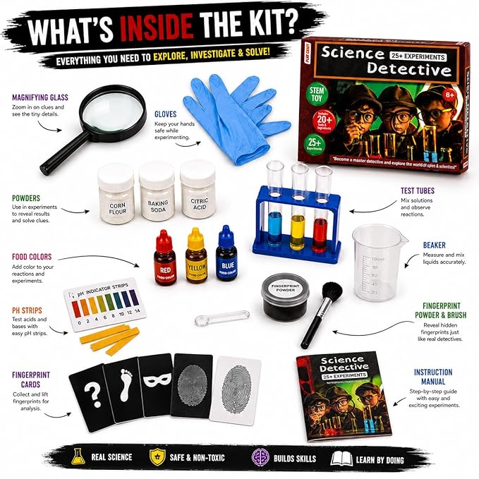 detective stem kit for kids 8+ | 25+ fun experiments educational toy | learning science activity kit