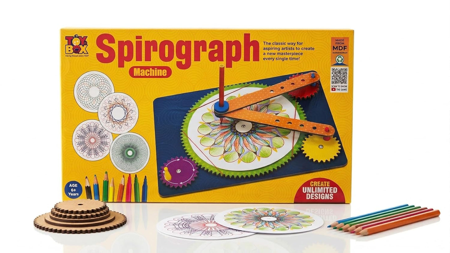 toy box spiro .graph machine drawing set, create unlimited designs, mdf, for ages 6+ years, with colour pencils
