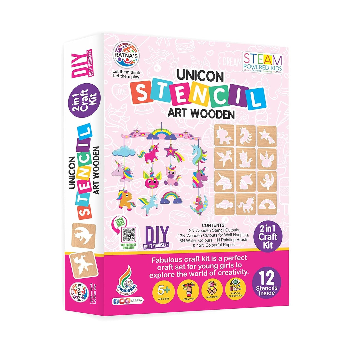 ratnas unicorn stencil art wooden 2 in 1 diy craft kit for kids 5+