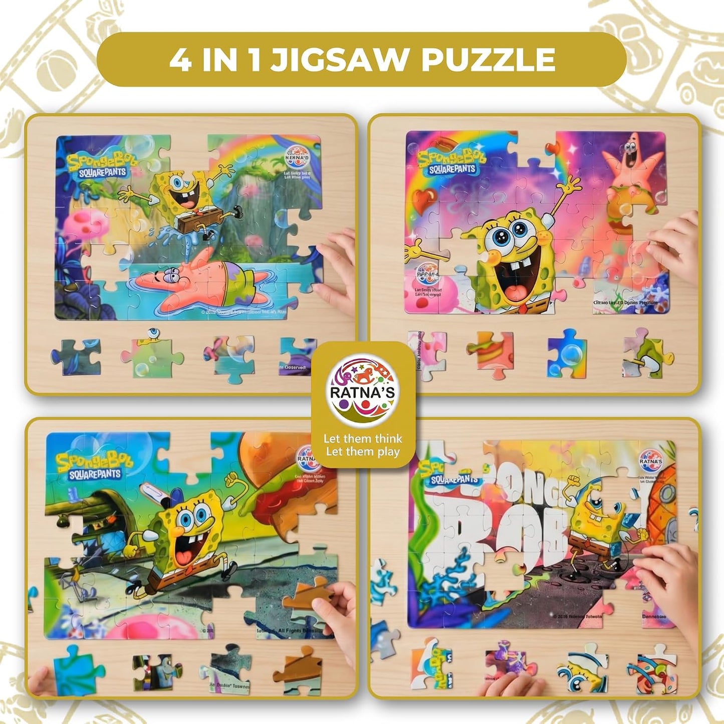 ratna's 4-in-1 spongebob jigsaw puzzle size 24cm x 17cm, 140 pieces (4 x 35pcs each) floor puzzles for kids for age 3+