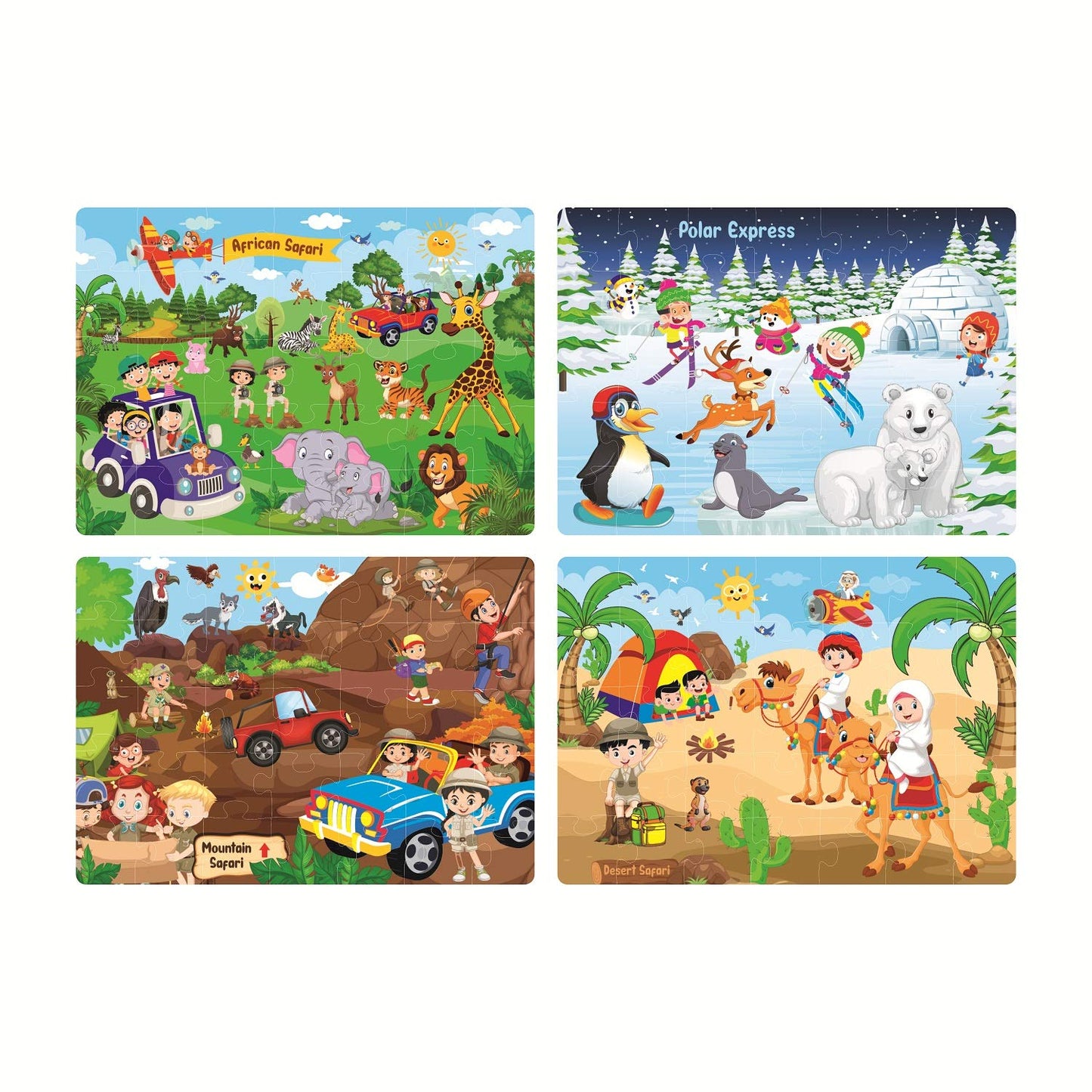 ratna's 4 in 1 safari world jigsaw puzzle for kids. 4 puzzles with 35 pieces each (african safari, polar express, mountain safari & desert safari)