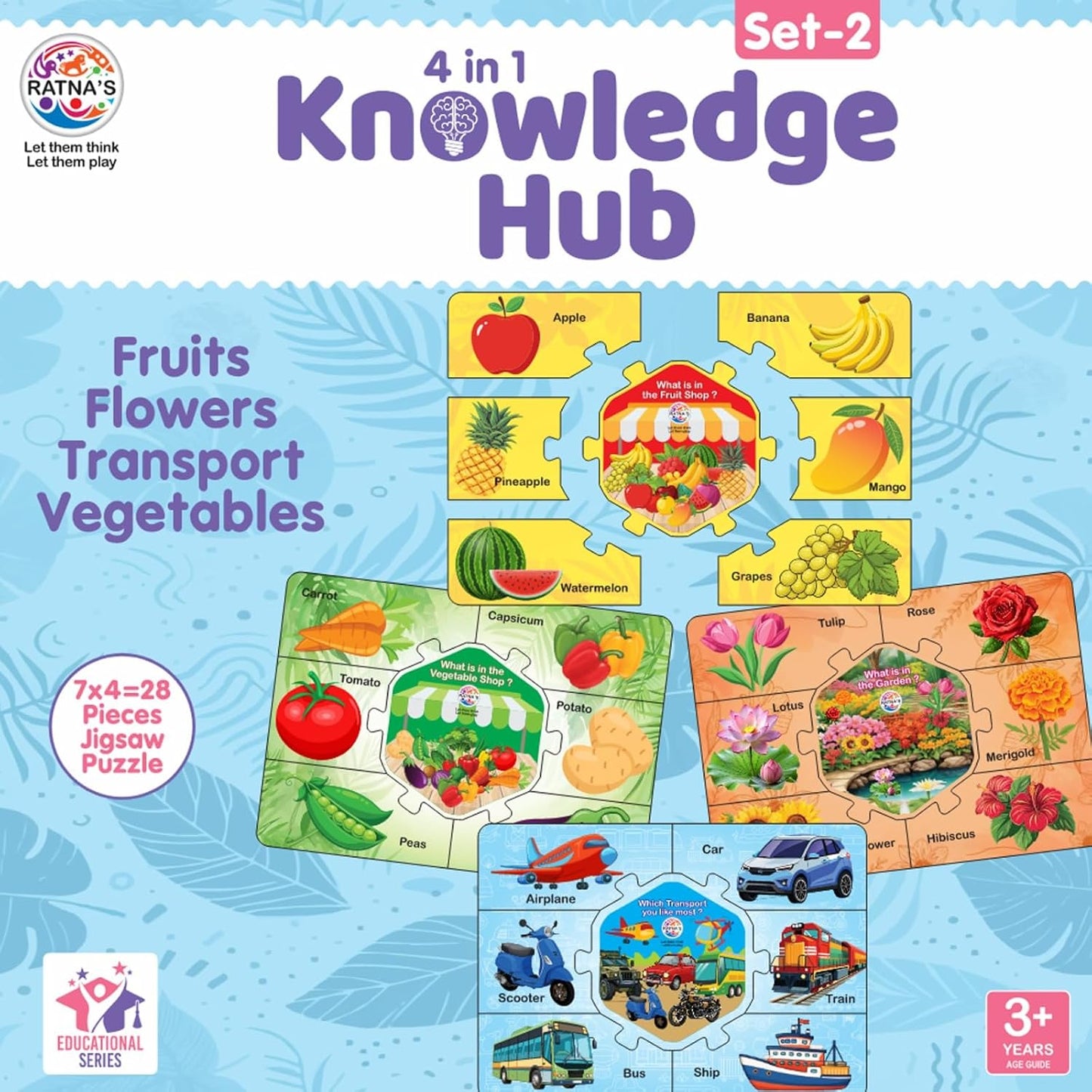 ratna's knowledge hub level 2, 4 jigsaw puzzle featuring fruits, vegetable, transport & flowers, educational toys for kids 3+ years