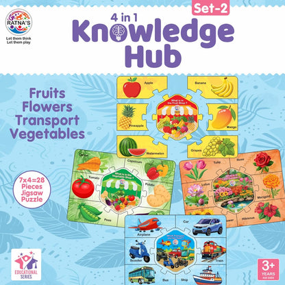Ratna's Knowledge Hub Level 2, 4 Jigsaw Puzzle Featuring Fruits, Vegetable, Transport & Flowers, Educational Toys for Kids 3+ Years