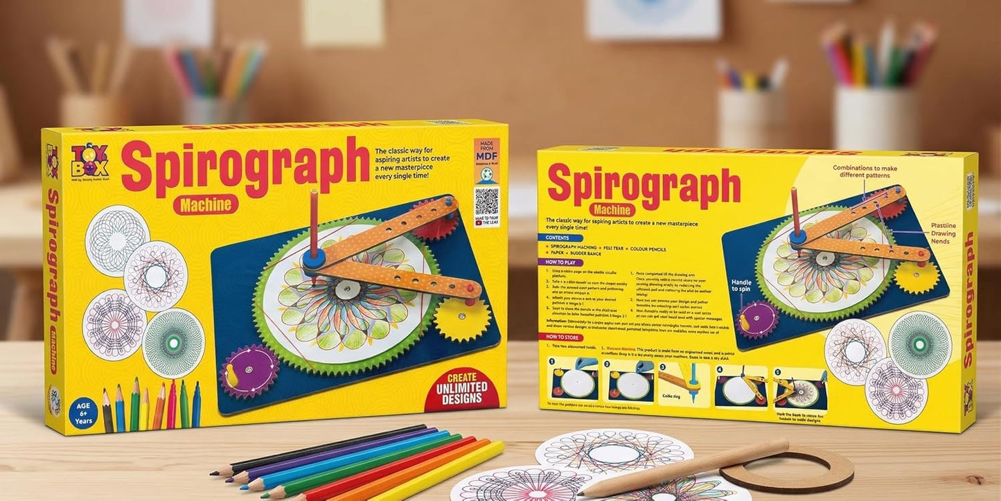 toy box spiro .graph machine drawing set, create unlimited designs, mdf, for ages 6+ years, with colour pencils