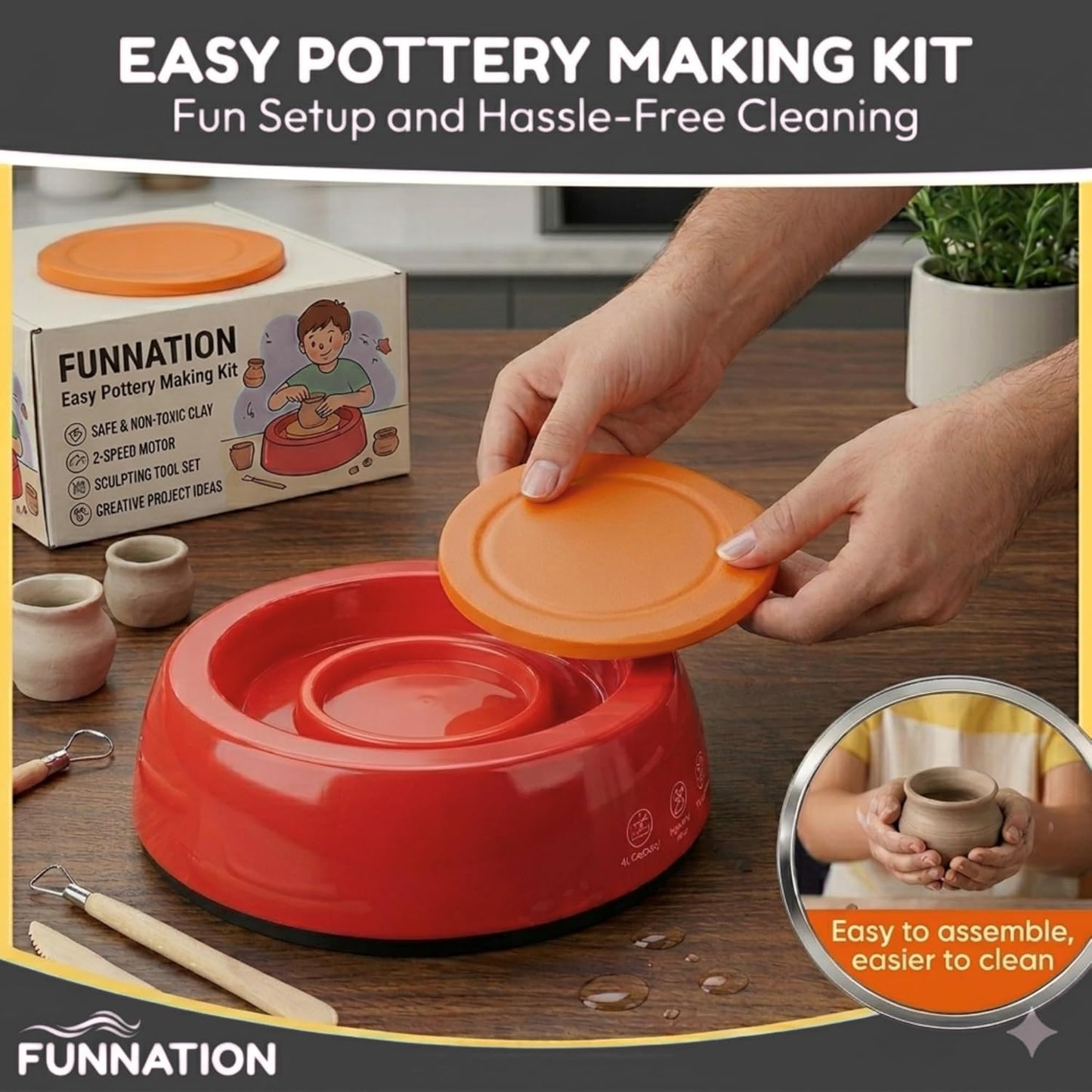 fun nation pottery making kit for kids | battery operated pottery wheel with clay, tools, paints & brushes | diy art & craft kit | creative gift for boys & girls