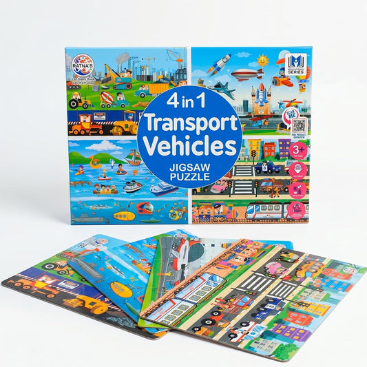 RATNA'S 4 in 1 Transport Vehicles Jigsaw Puzzle for Kids. 4 Puzzles 35 Pieces Each (Road Transport, Water Transport, Air Transport & Construction Vehicles), Multicolor