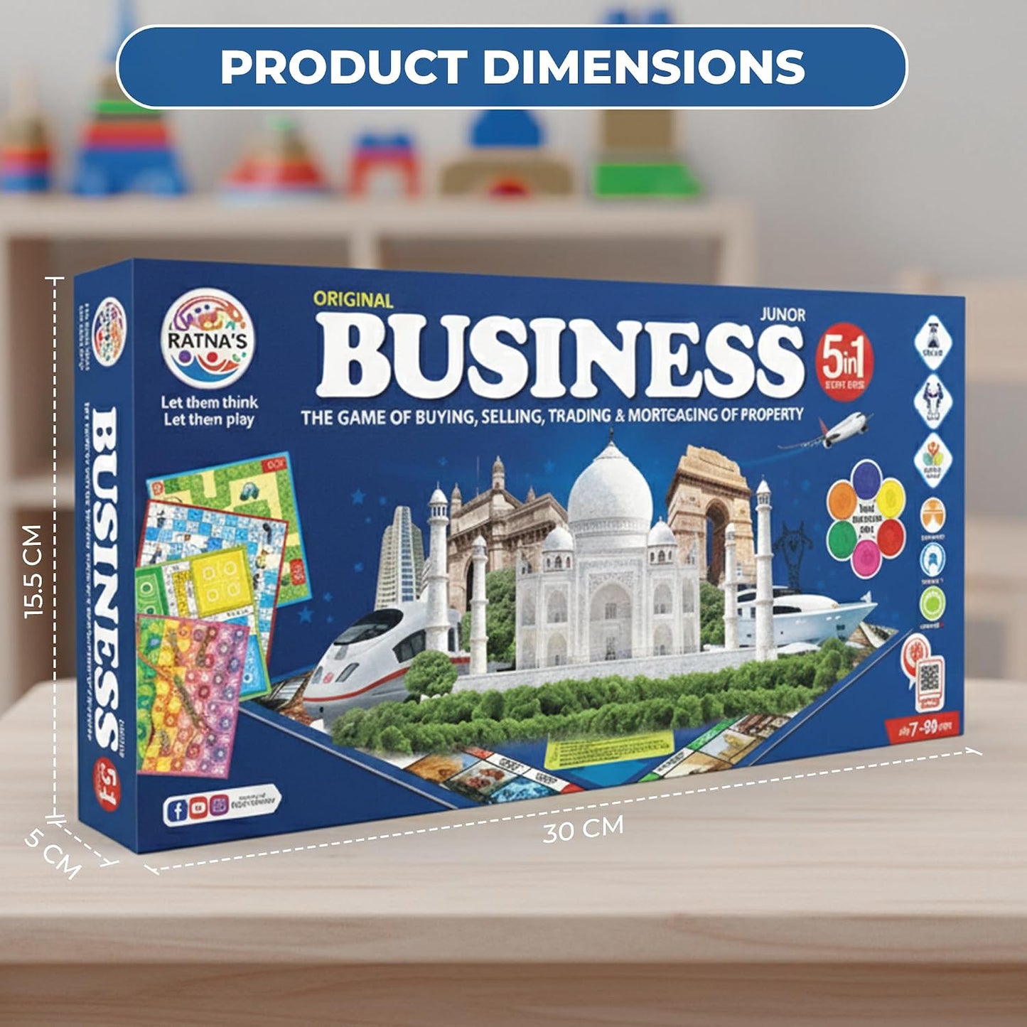 ratna's business junior coins 5 in 1 board game set of business, snake and ladders, ludo, car rally, and cricket games, 2-4 players, perfect for kids & adults play