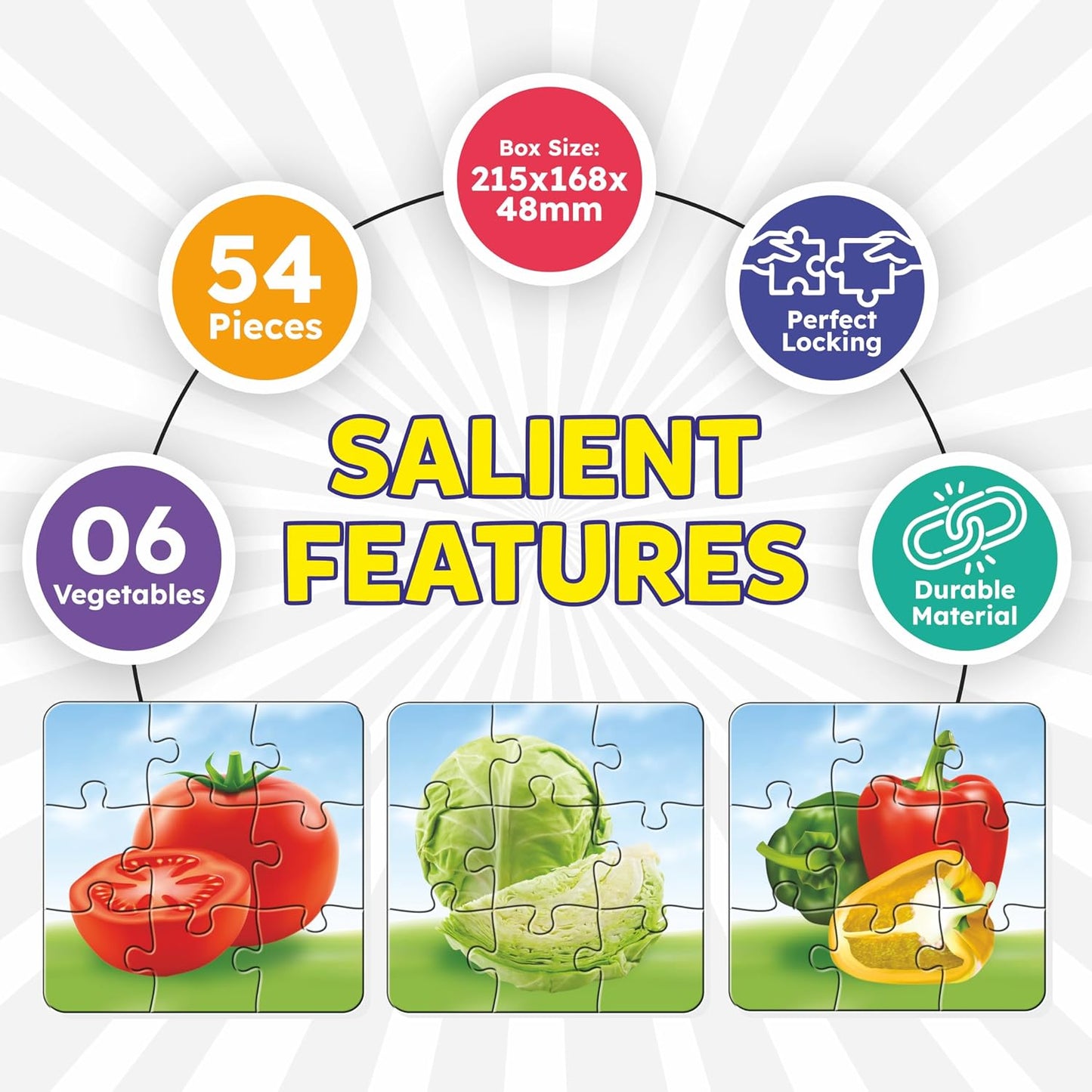 my first vegetables puzzle set for kids | 6-in-1 educational jigsaw | 54 pcs learning puzzle | onion, tomato, cabbage, potato | age 4+ boys & girls