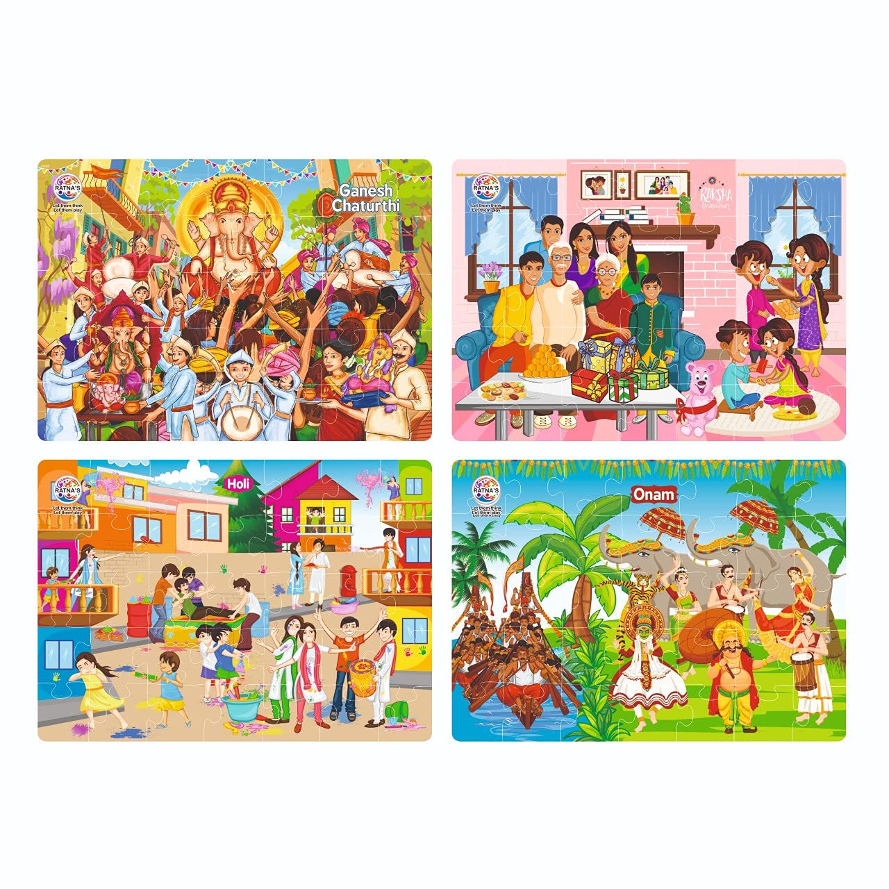 ratna's 4 in 1 indian festivals jigsaw puzzle for kids | 4 jigsaw puzzles with 35 pieces each for festivals like ganesh chaturthi, raksha bandhan, holi & onam puzzle for kids 3+ years