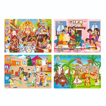 Ratna's 4 in 1 Indian Festivals Jigsaw Puzzle for Kids | 4 Jigsaw Puzzles with 35 Pieces Each for Festivals Like Ganesh Chaturthi, Raksha Bandhan, Holi & Onam Puzzle for Kids 3+ Years