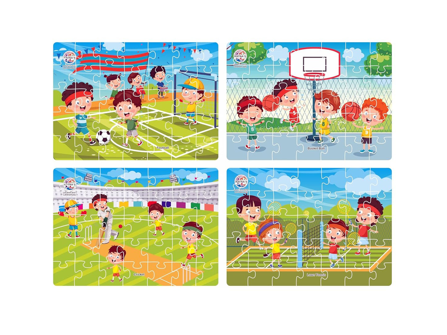 ratna's original 4 in 1 sports jigsaw puzzle for kids - set of 4, 35-piece puzzles for games like cricket, football, basketball & tennis | educational toy | puzzle guide included | ages 3 and up