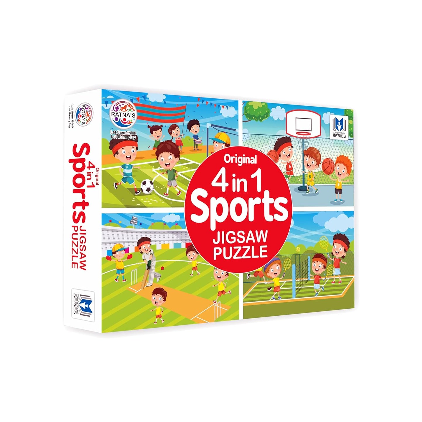 ratna's original 4 in 1 sports jigsaw puzzle for kids - set of 4, 35-piece puzzles for games like cricket, football, basketball & tennis | educational toy | puzzle guide included | ages 3 and up