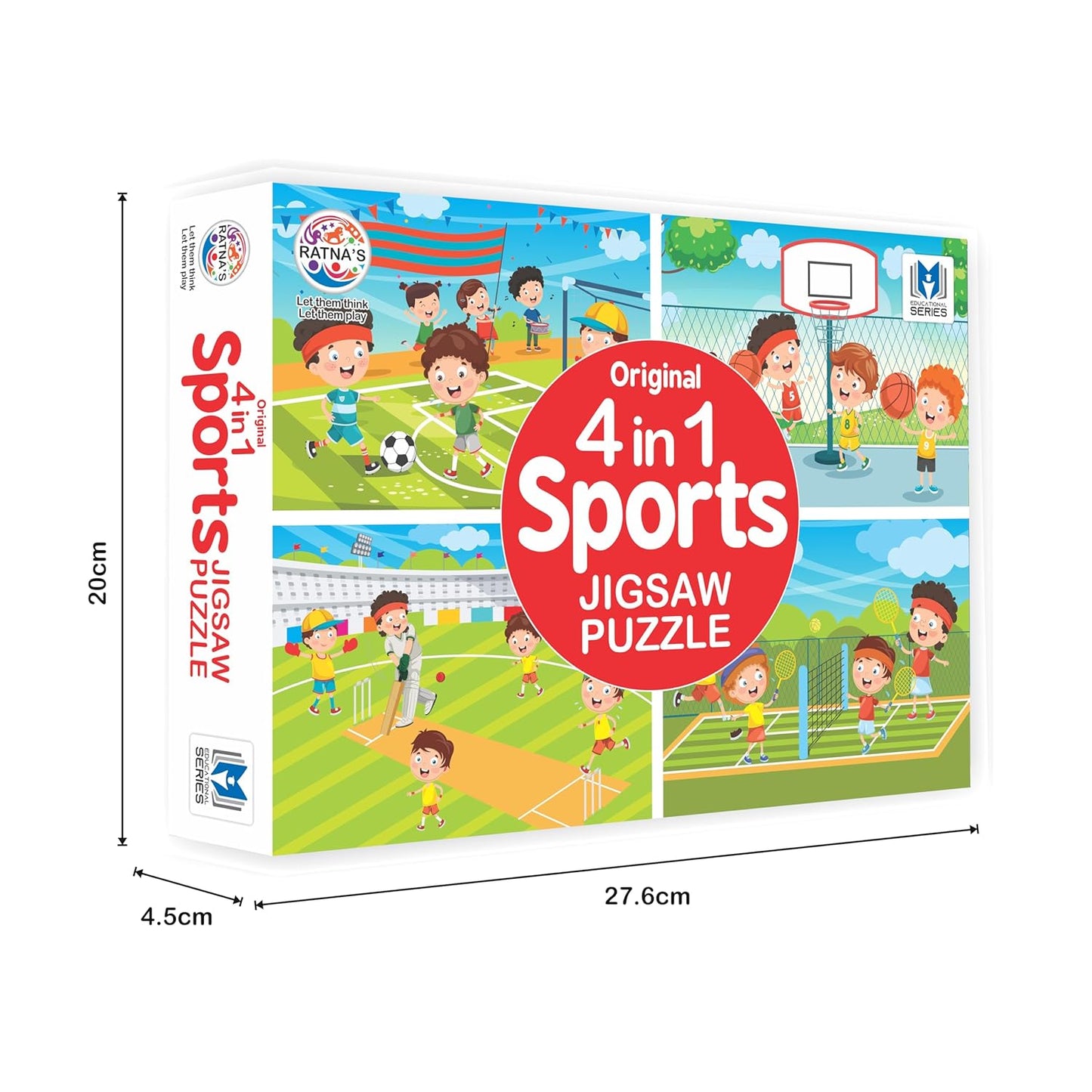ratna's original 4 in 1 sports jigsaw puzzle for kids - set of 4, 35-piece puzzles for games like cricket, football, basketball & tennis | educational toy | puzzle guide included | ages 3 and up