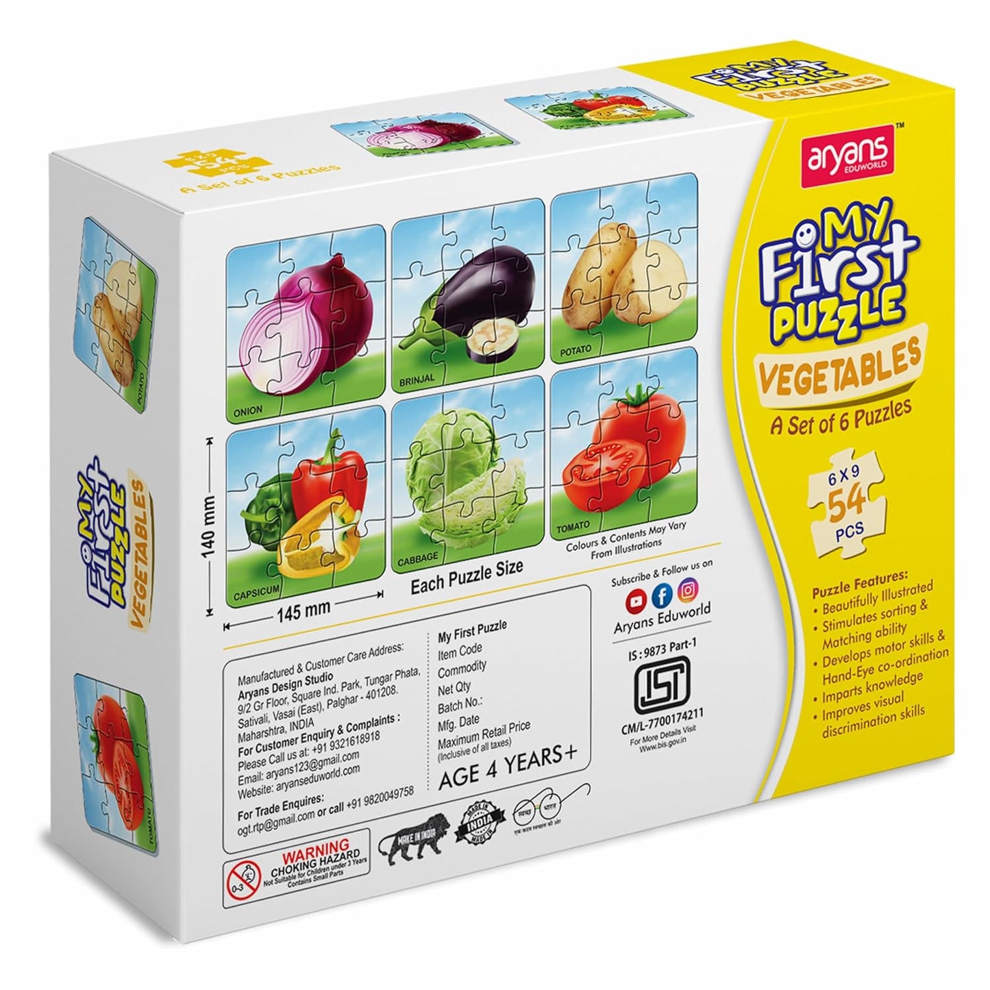 my first vegetables puzzle set for kids | 6-in-1 educational jigsaw | 54 pcs learning puzzle | onion, tomato, cabbage, potato | age 4+ boys & girls